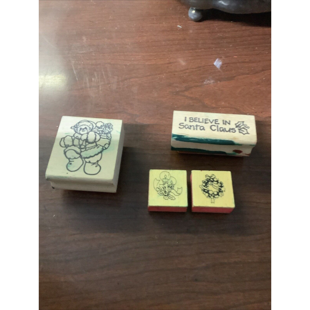 Lot Of 4 Christmas Holiday Themed Wood Rubber Stamps Tree Santa Snowmen…